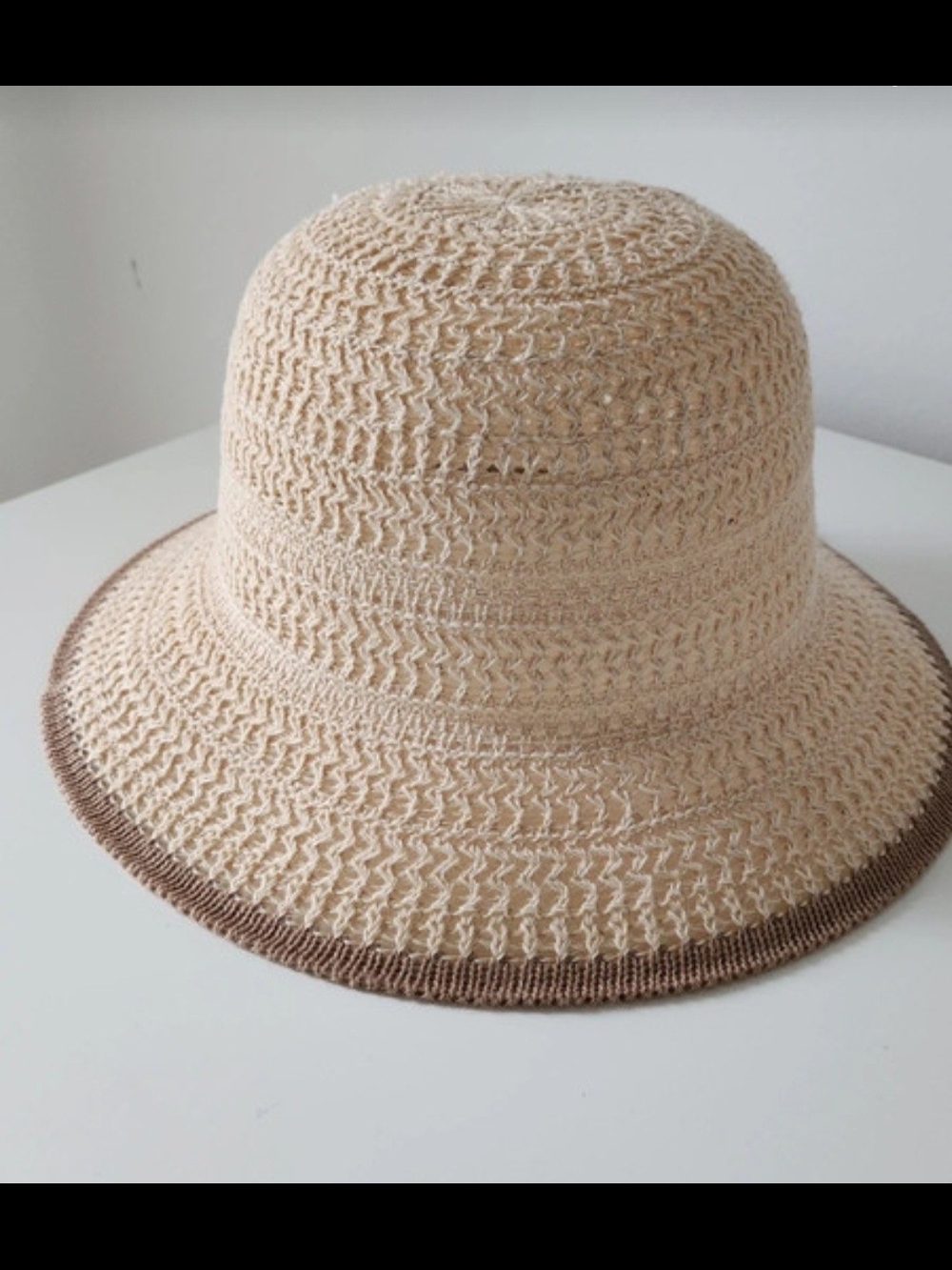 Beige Sun Hat with Brown Trim - Women Accessories